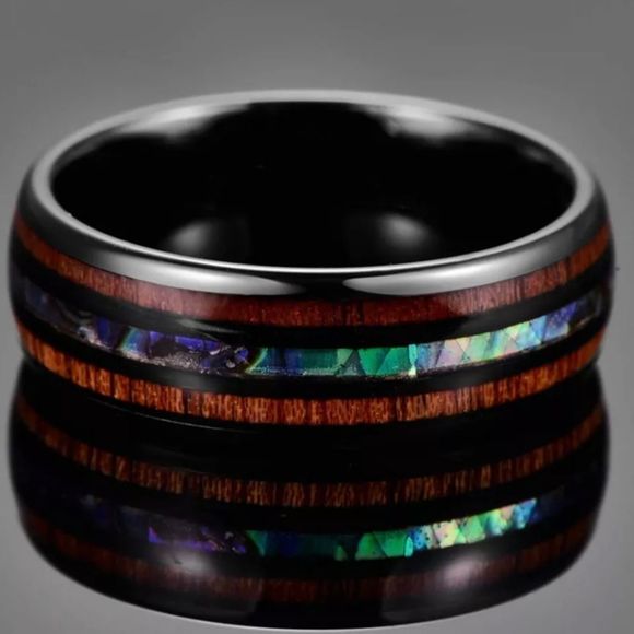 SALE Men's 8MM Black Tungsten Steel Inlay Koa Wood Band Wedding Engagement Ring - Picture 2 of 4